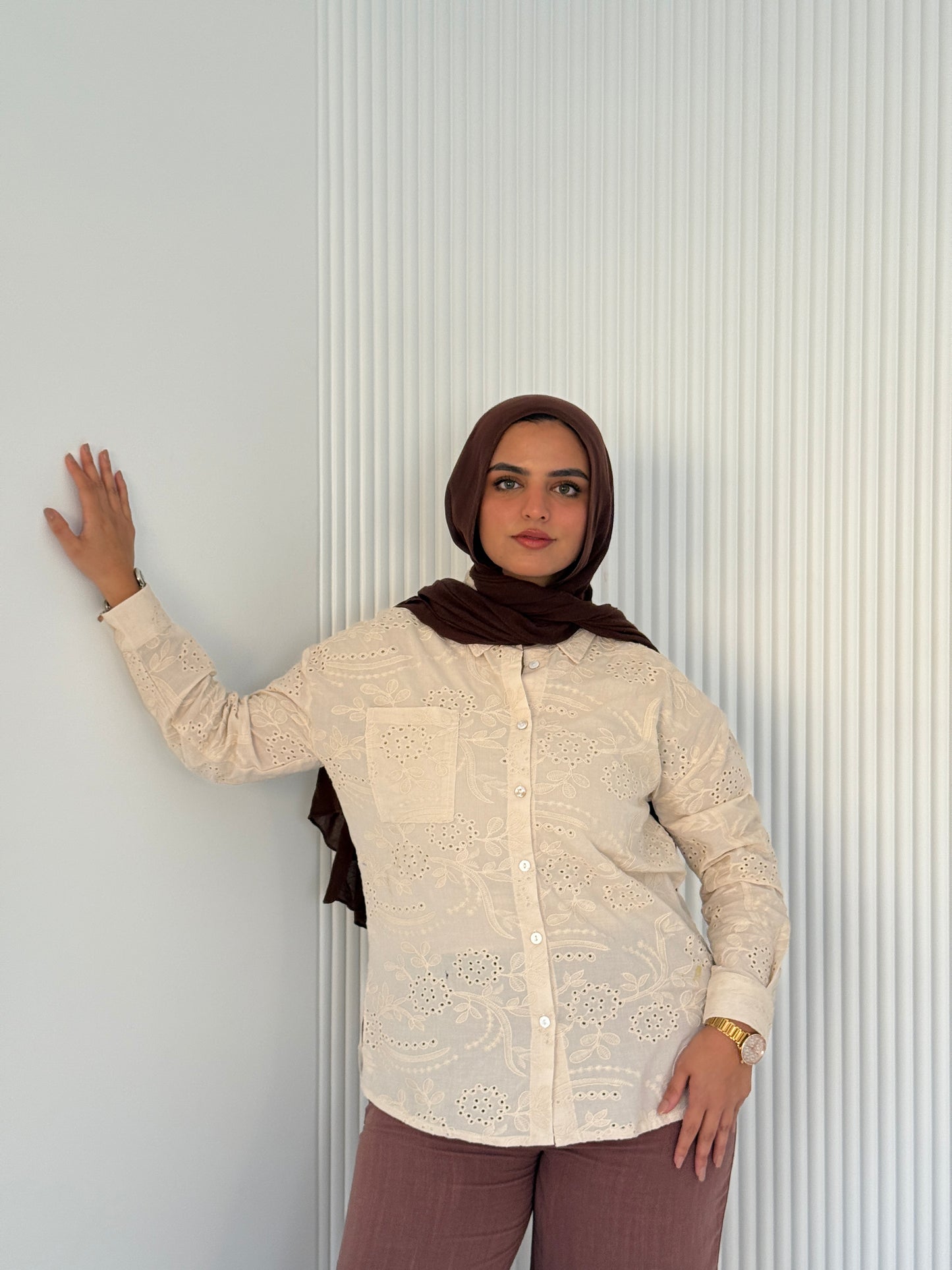 Luna Embroidered Beige Cotton Shirt
