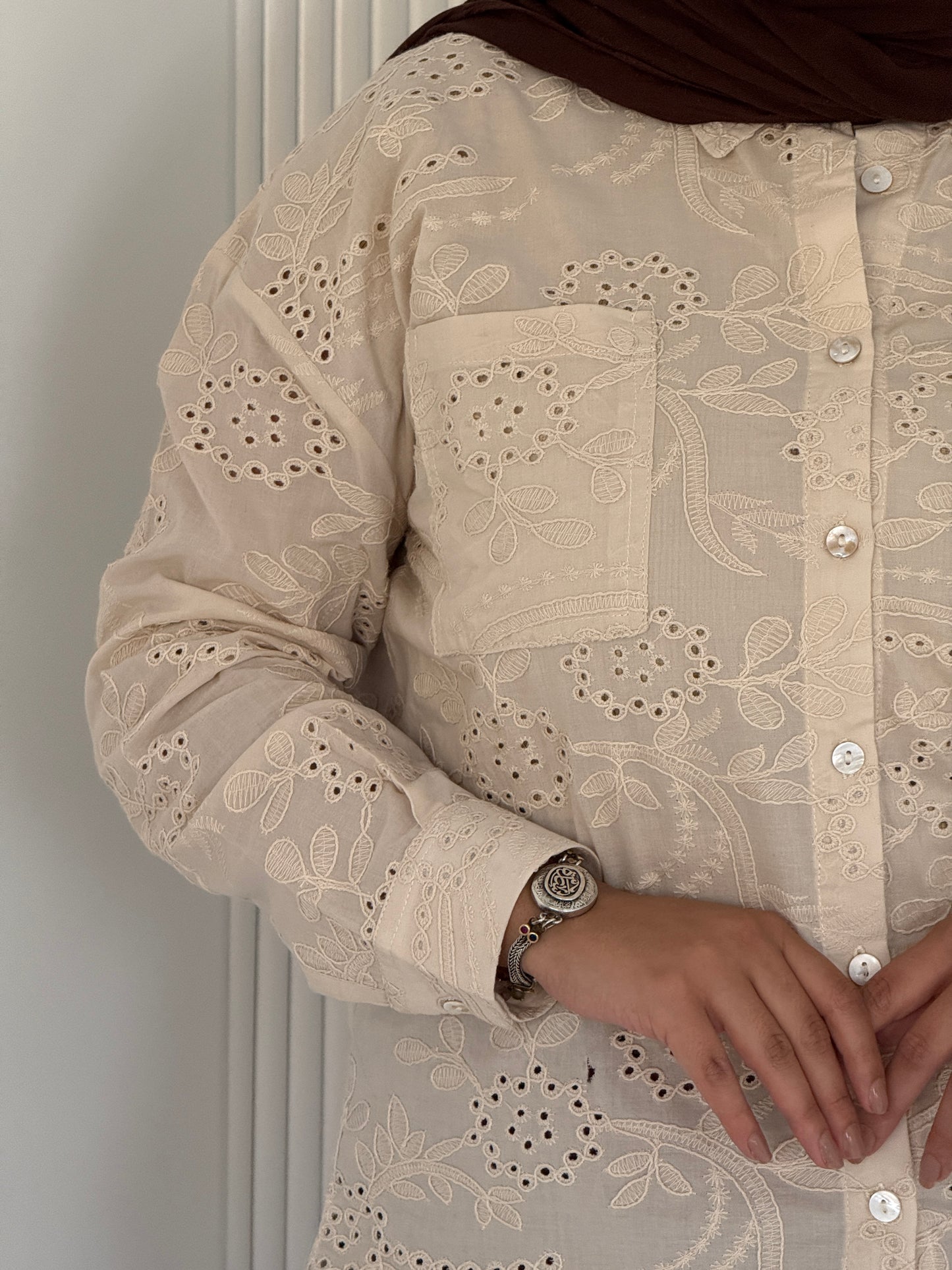 Luna Embroidered Beige Cotton Shirt