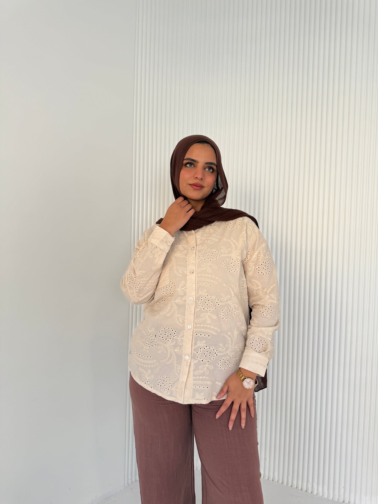 Luna Embroidered Beige Cotton Shirt