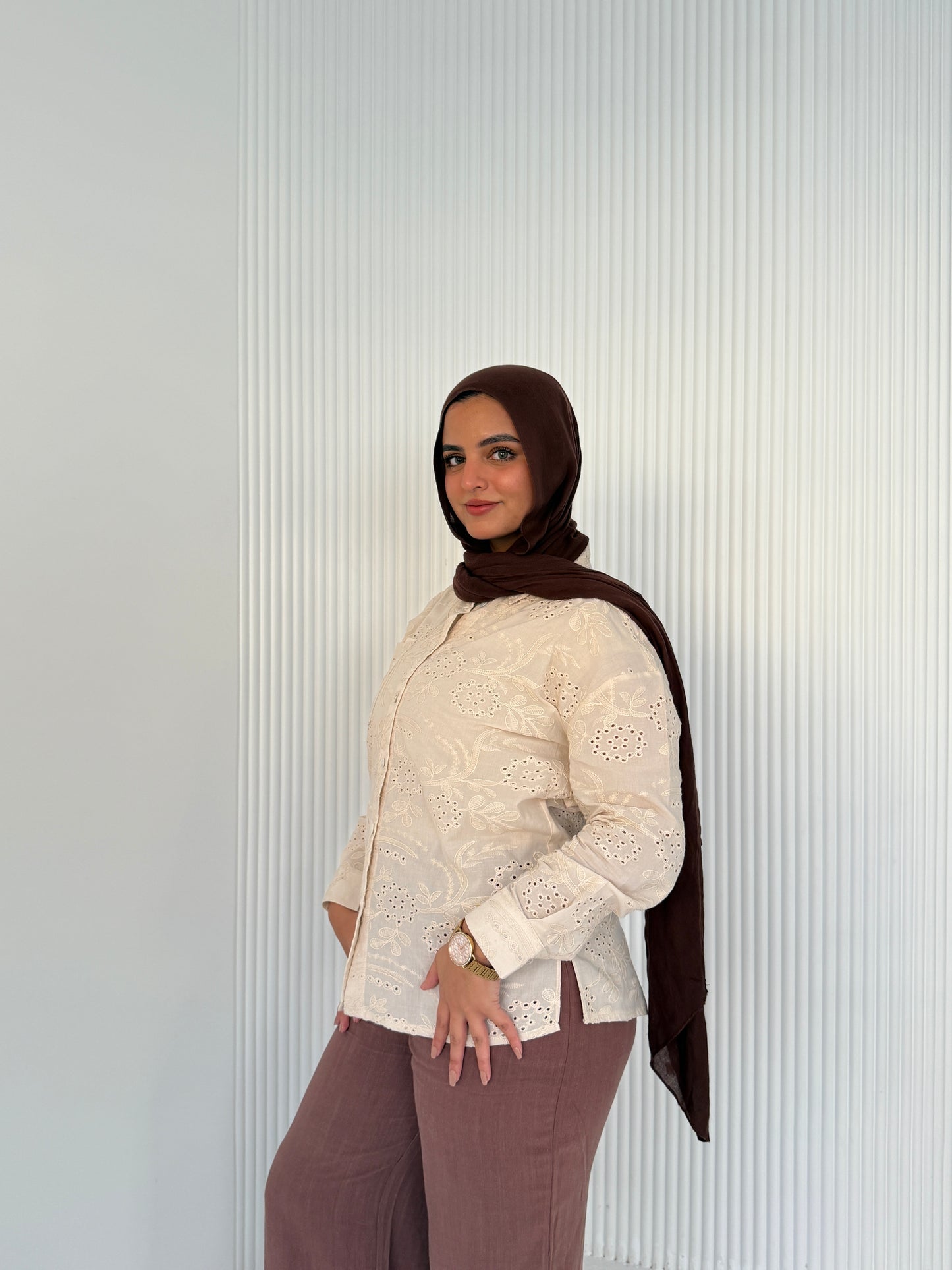 Luna Embroidered Beige Cotton Shirt