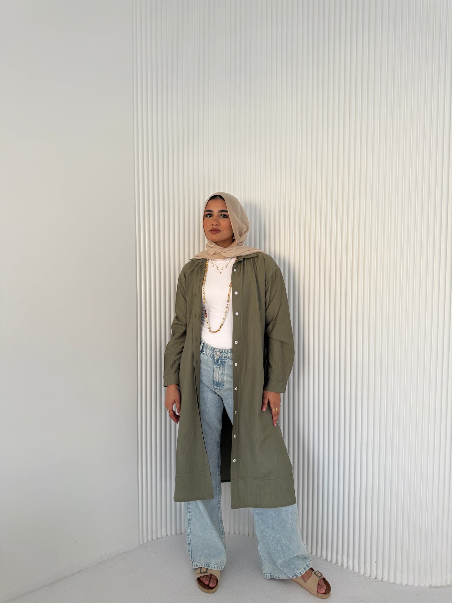 Olive Green Button-Down Long Chemise