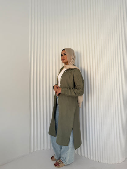 Olive Green Button-Down Long Chemise