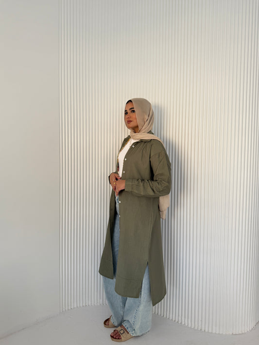 Olive Green Button-Down Long Chemise