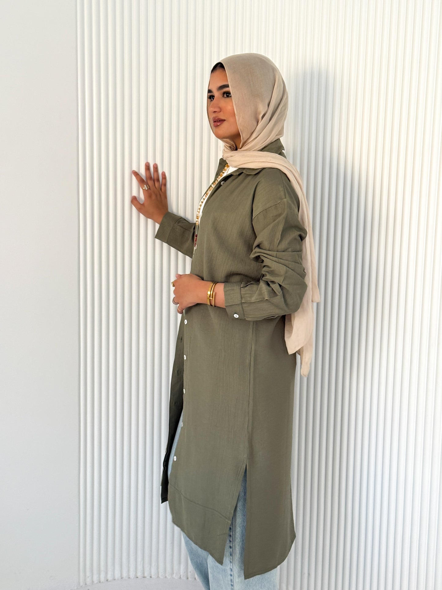 Olive Green Button-Down Long Chemise