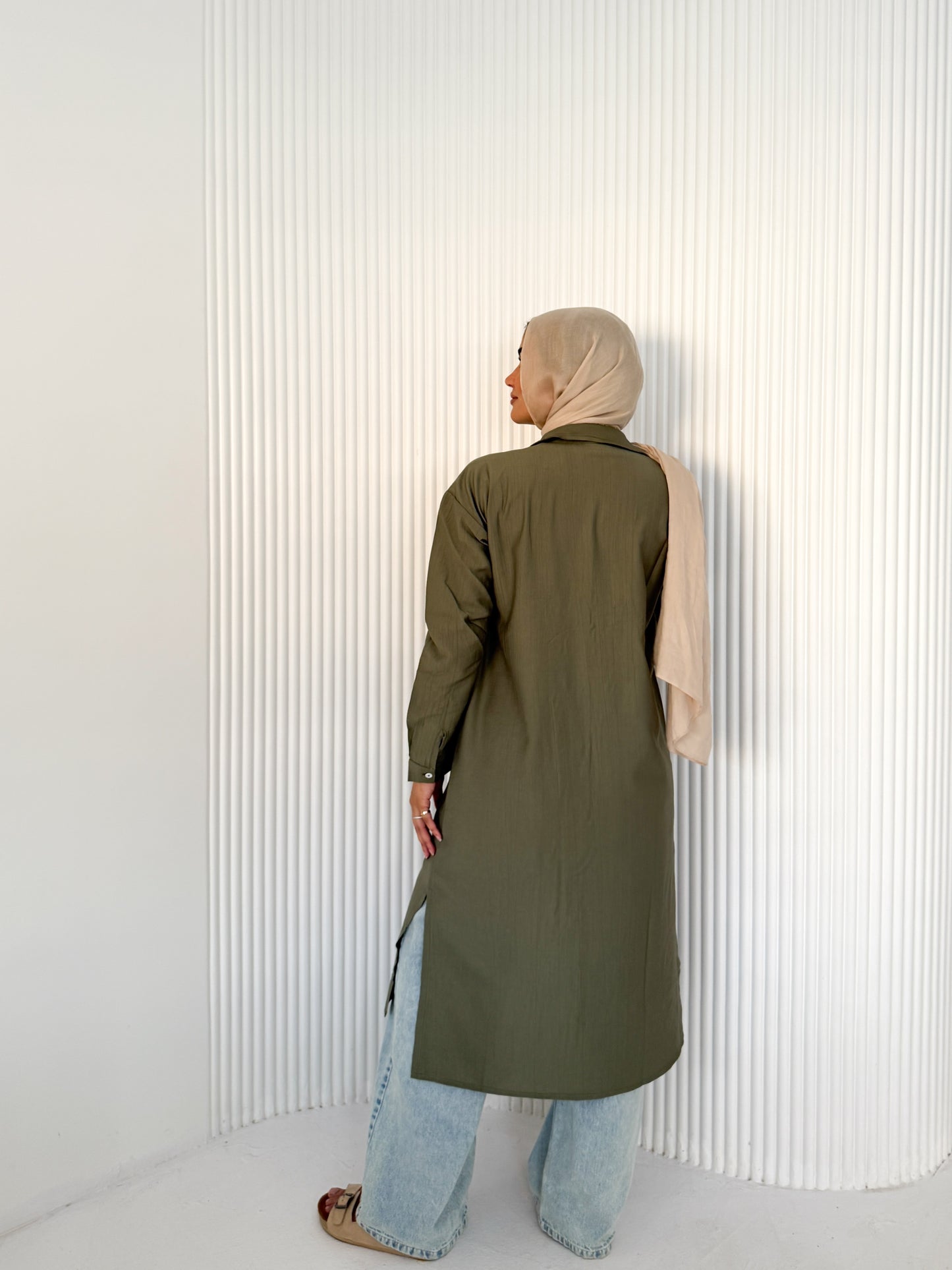 Olive Green Button-Down Long Chemise