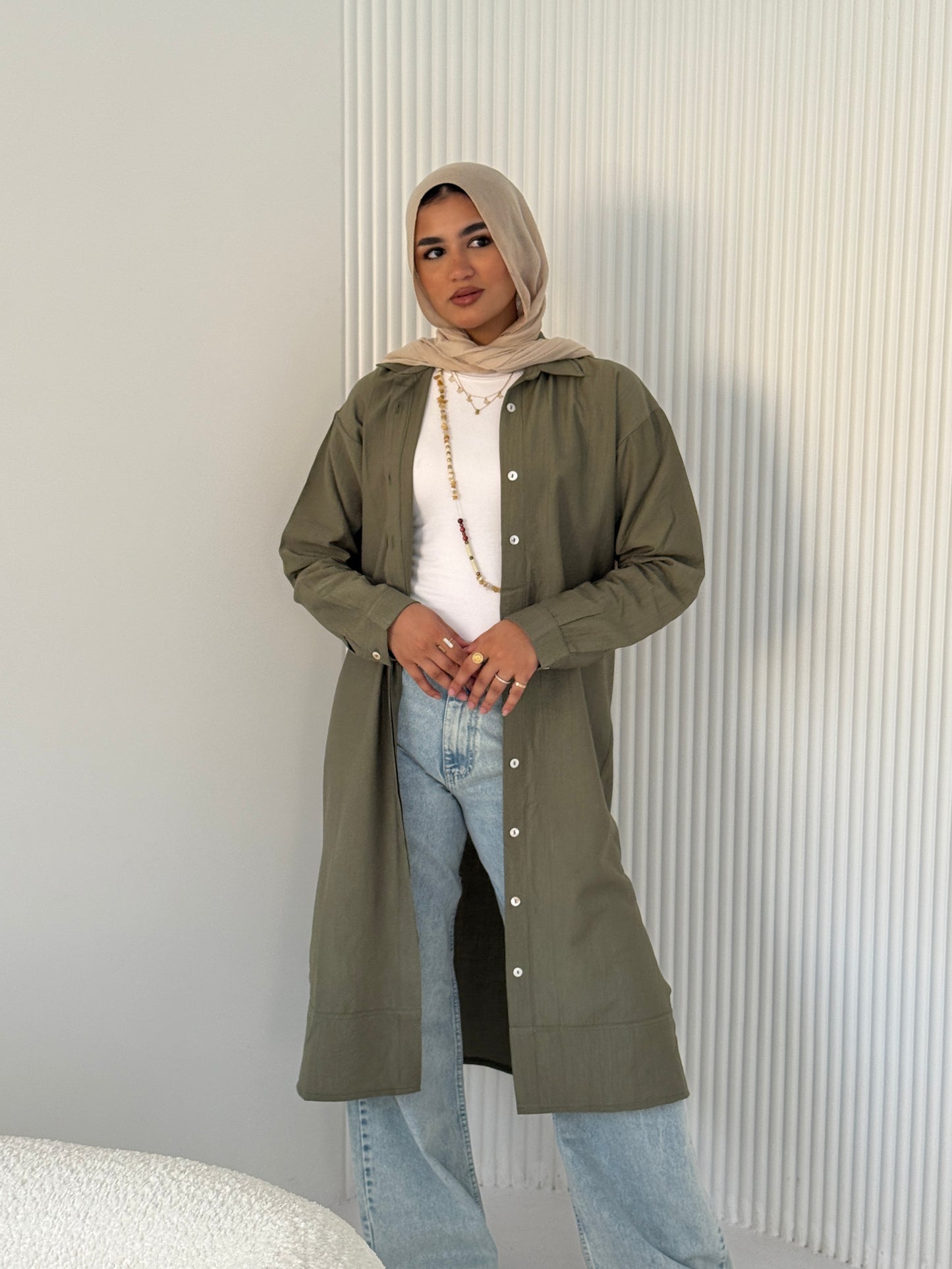 Olive Green Button-Down Long Chemise