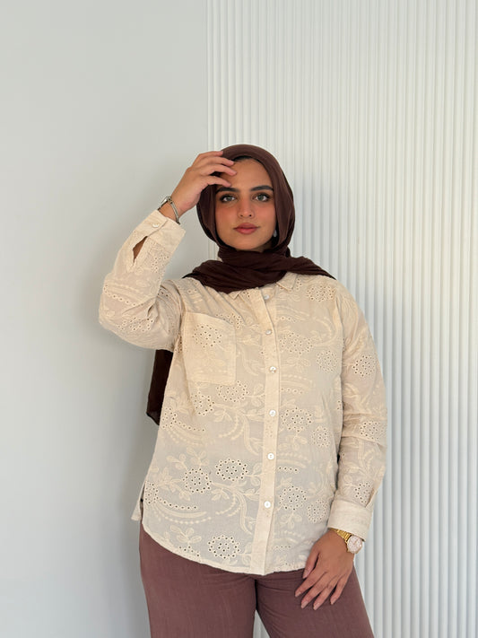 Luna Embroidered Beige Cotton Shirt