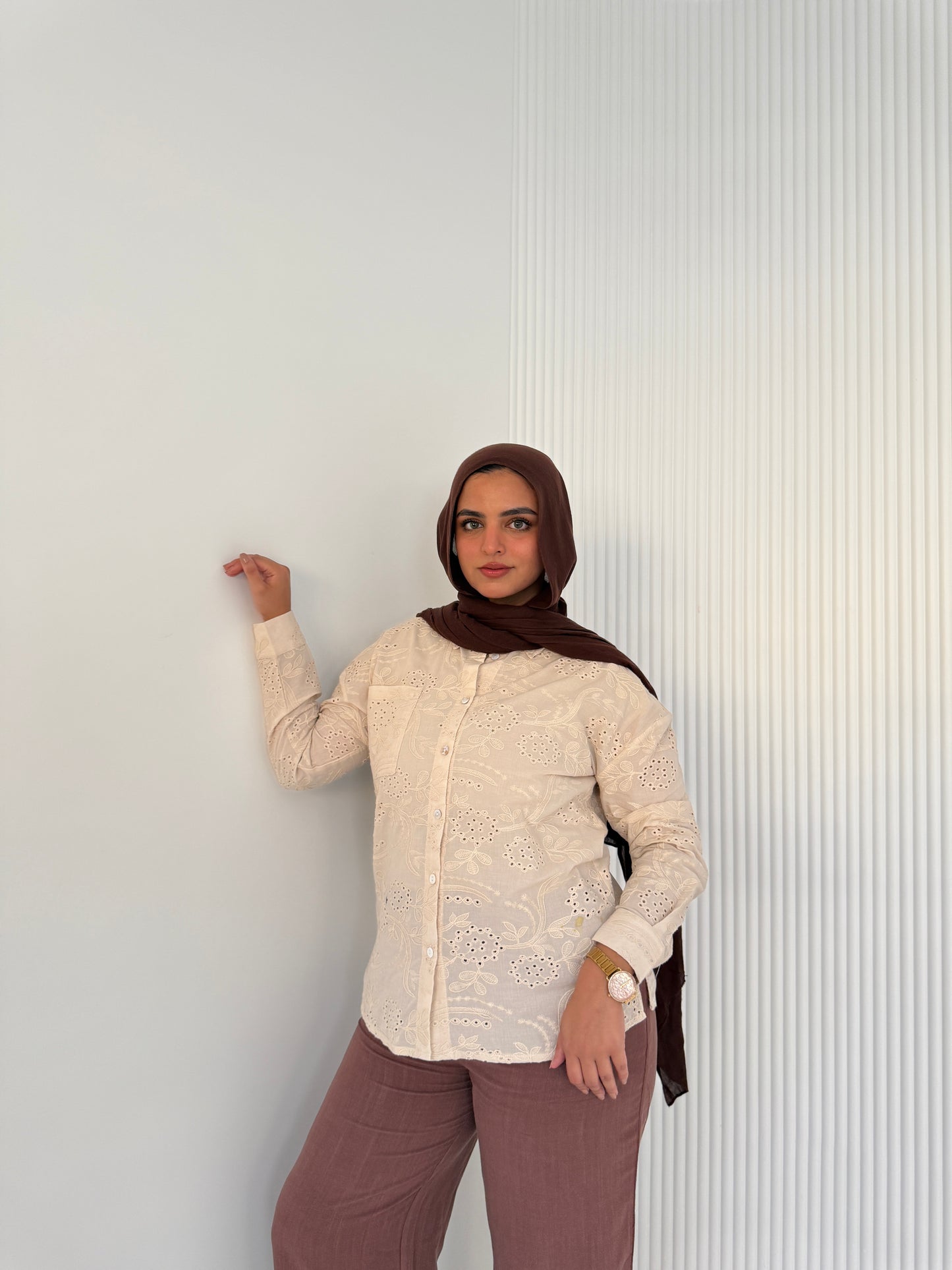 Luna Embroidered Beige Cotton Shirt