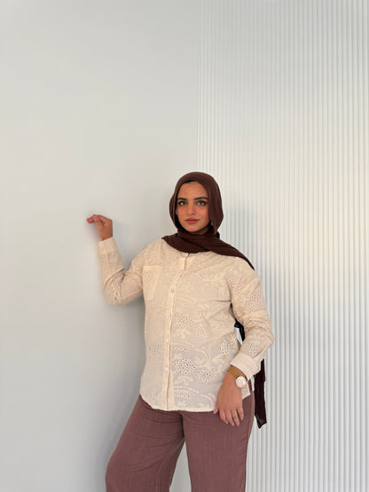 Luna Embroidered Beige Cotton Shirt