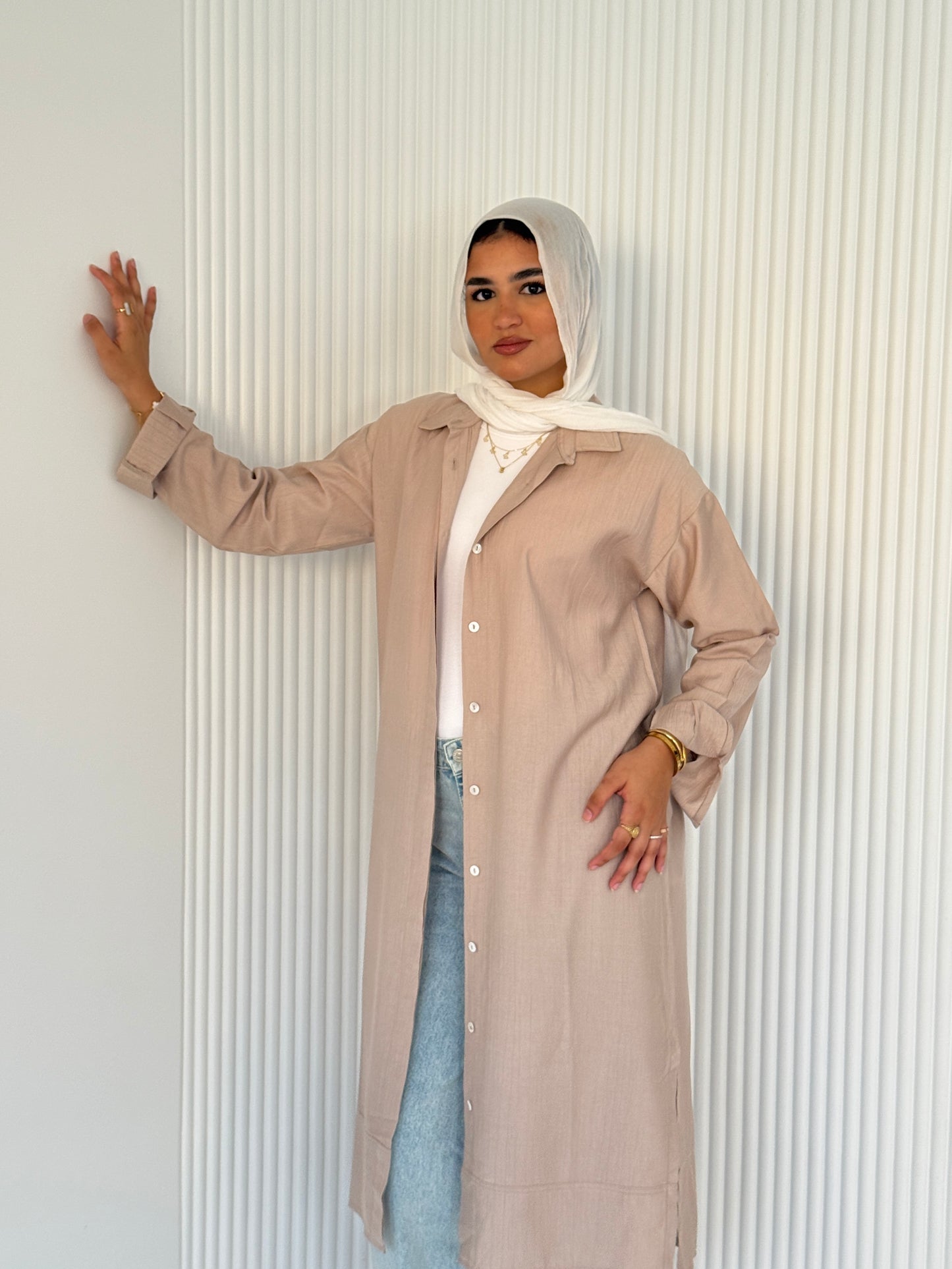 Beige Neutral Button-Down Long Chemise