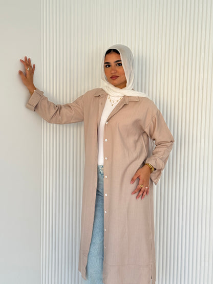 Beige Neutral Button-Down Long Chemise
