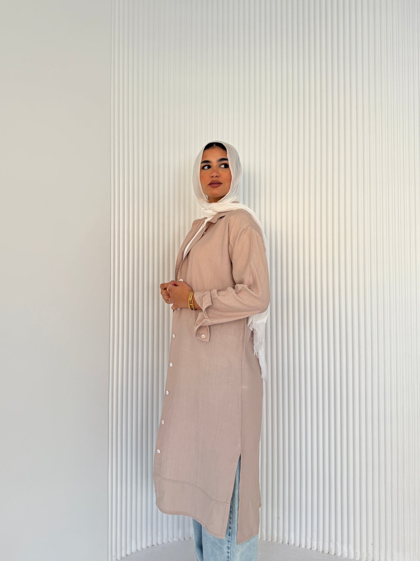 Beige Neutral Button-Down Long Chemise